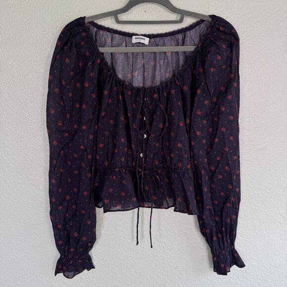 Rumored Tops - Rumored Top Women XS Floral Blouse Peplum Boho Peasant Cottage Core Dark Blue
